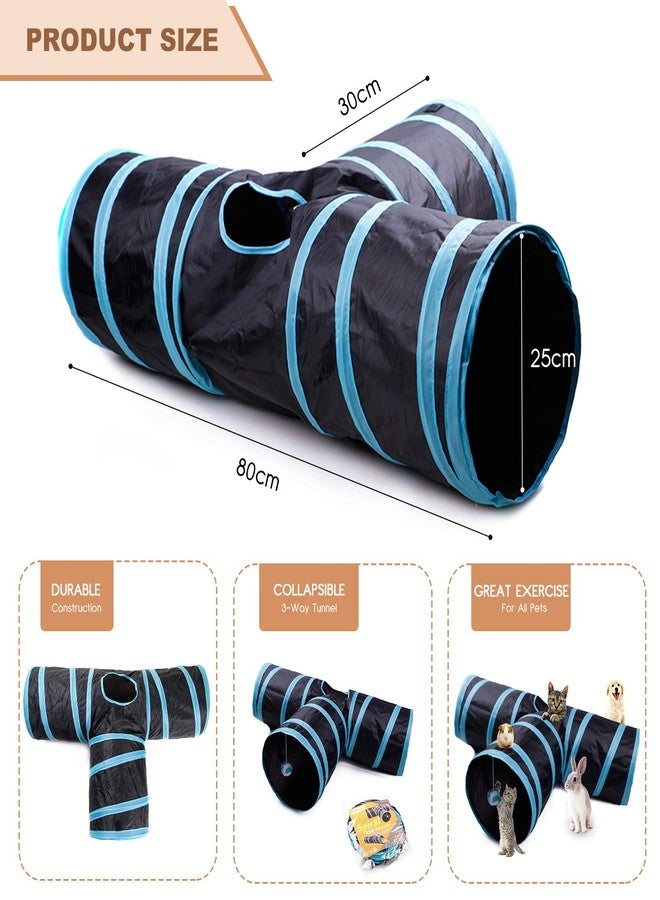 ZIBUYU® Cat Toys for Kittens 3 Way Cat Tunnel Pet Tube Interactive Foldable Hiding Training Toy for Cat Kitten Rabbit and Puppies with Hanging Teaser Toy - Blue - Image 4